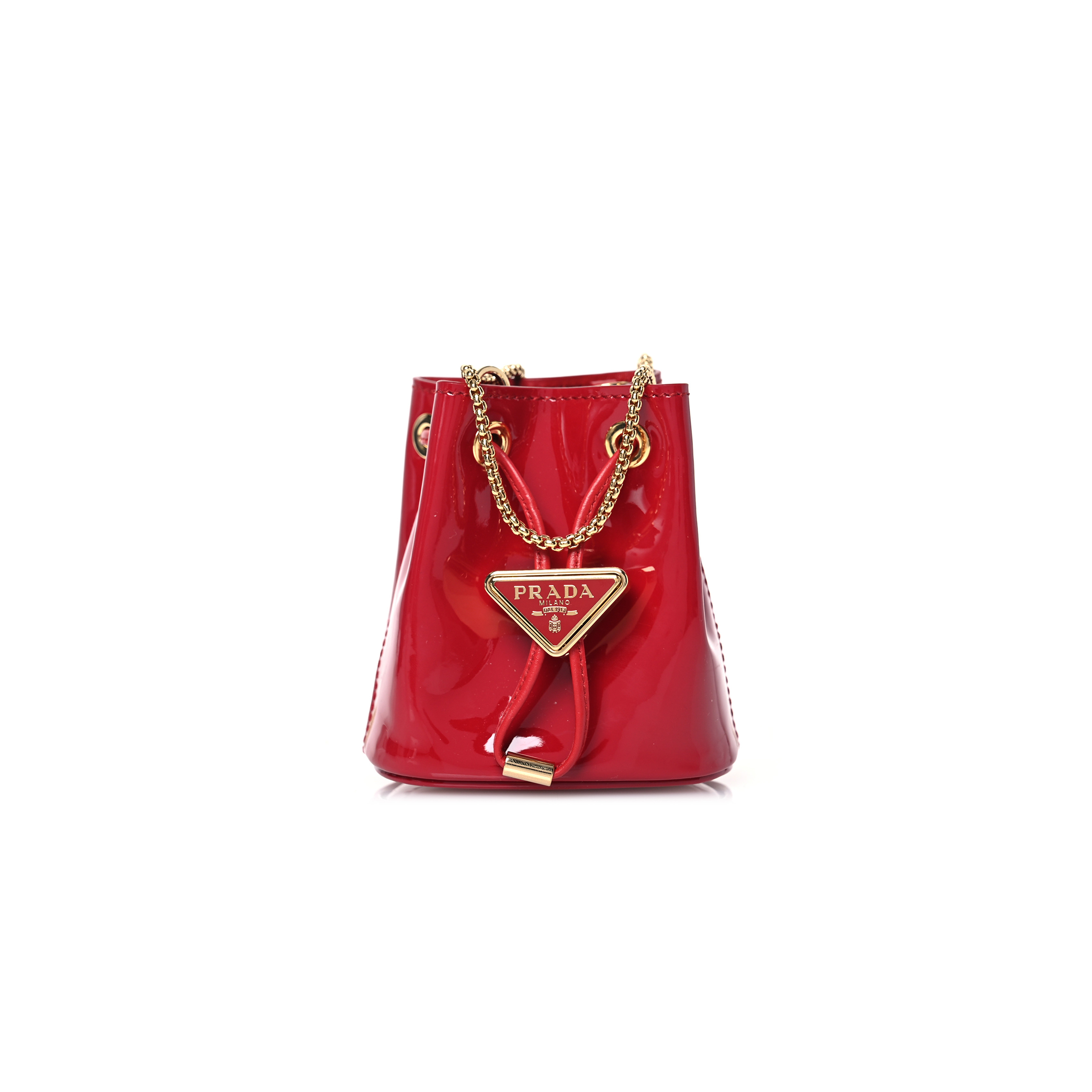 PRADA VERNICE METAL TRIANGLE LOGO MINI DRAWCORD POUCH SHOULDER BAG CHERRY 1NR016 (9.5*9*6cm)
